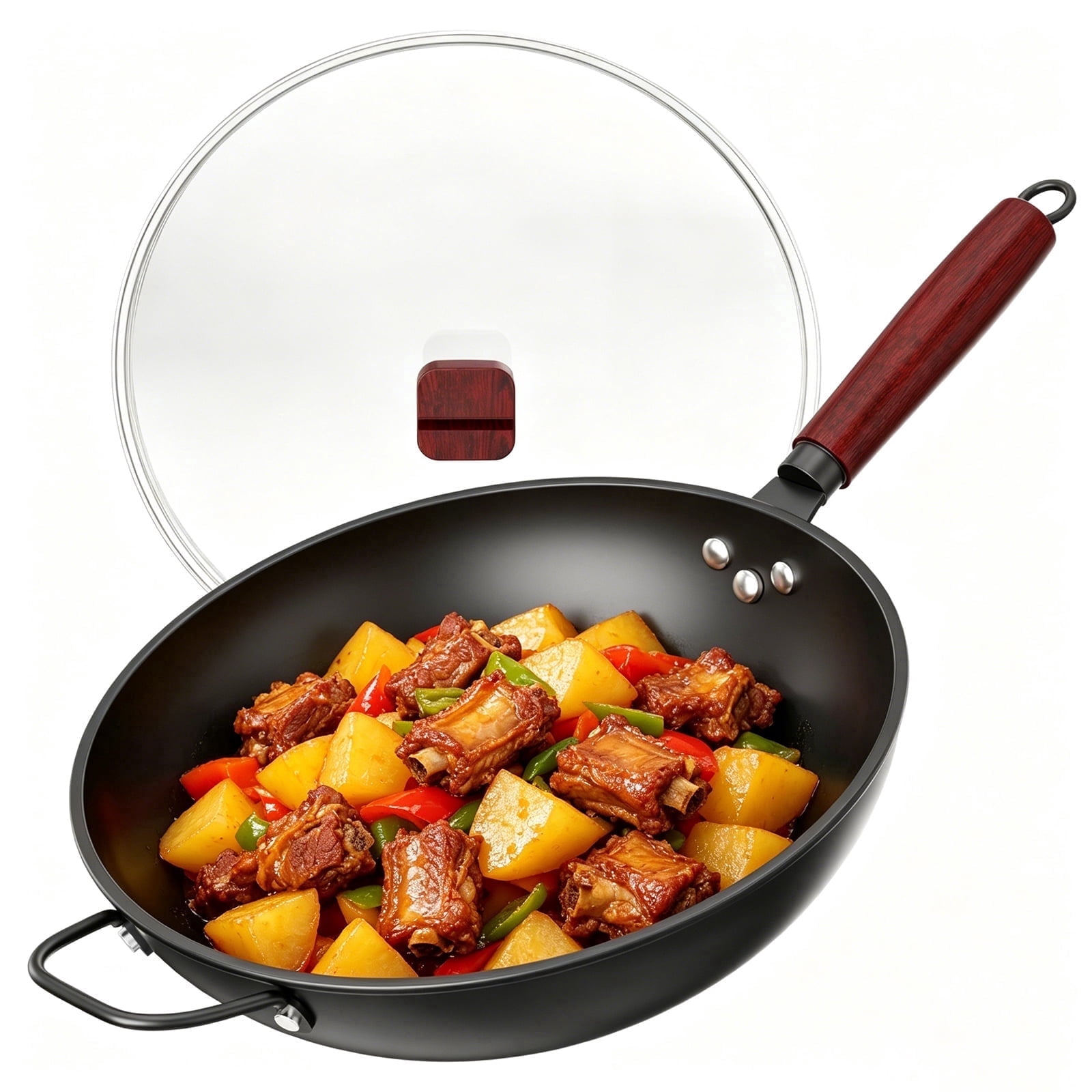 GPED 13" Carbon Steel Wok Pan, 5.8QT Nonstick Woks & Stir-Fry Pans , Pre-Seasoned Flat Bottom Wok Paella Pan with Lid, Compatible with Induction, Electric, Gas, Open Fire