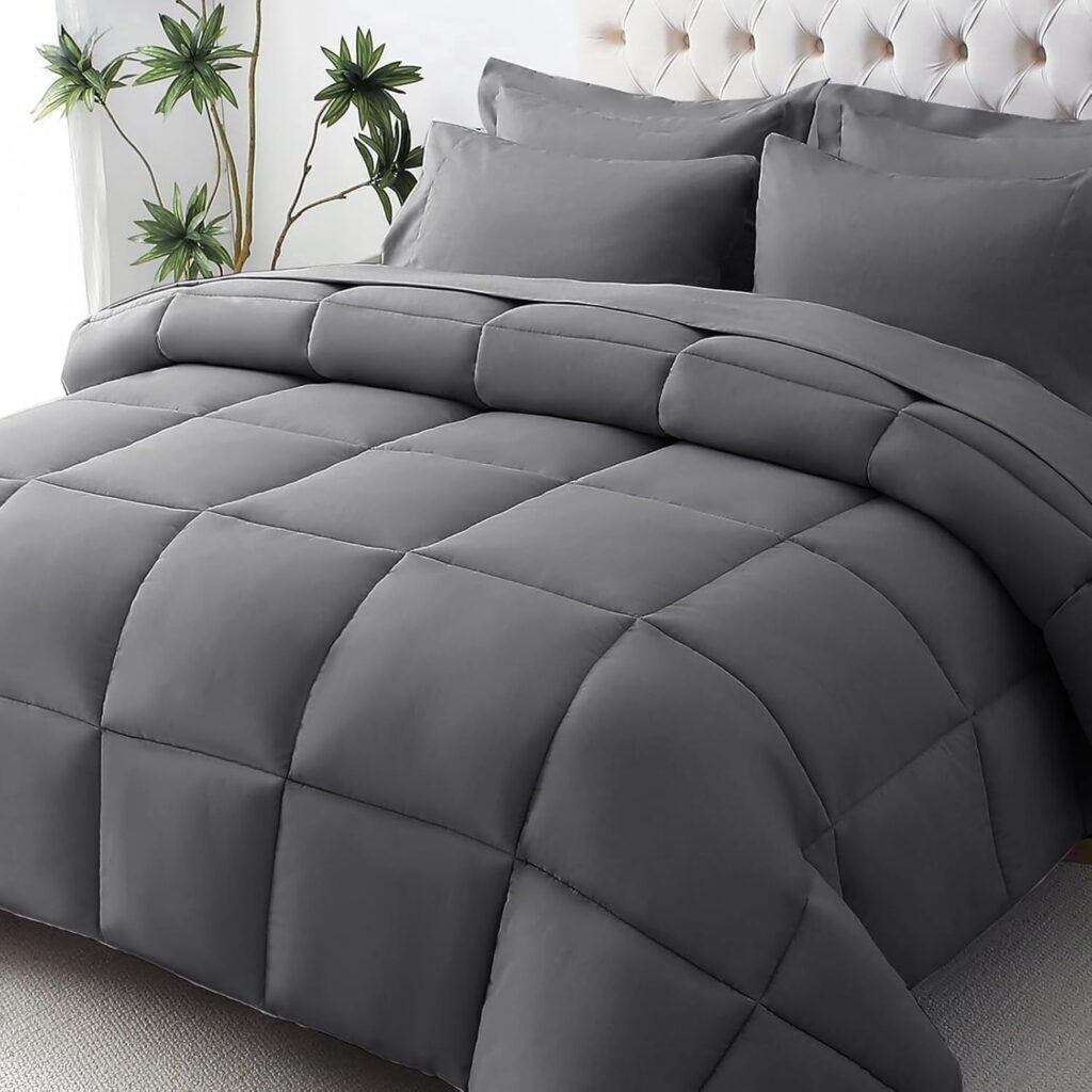 Vccoem Comforter, Queen Down Alternative Comforter With Corner Tabs, Machine Washable, All Season, Gray
