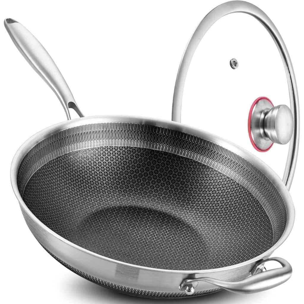 LOLYKITCH Ceramic Non-Stick Tri-ply Stainless Steel Wok Pan with Lid,12 inch Stir Fry Pan,Dishwasher and Oven Safe,Detachable Handle.