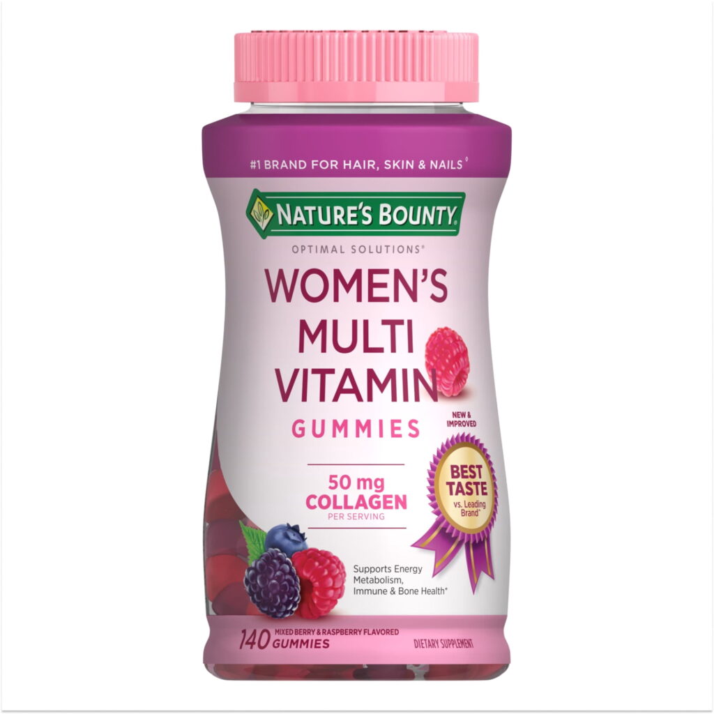 Nature's Bounty Optimal Solutions Women's Multivitamin Gummies, 50 mg Collagen, Cellular Energy, Immune & Bone Support, Mixed Berry Raspberry, 140 Count