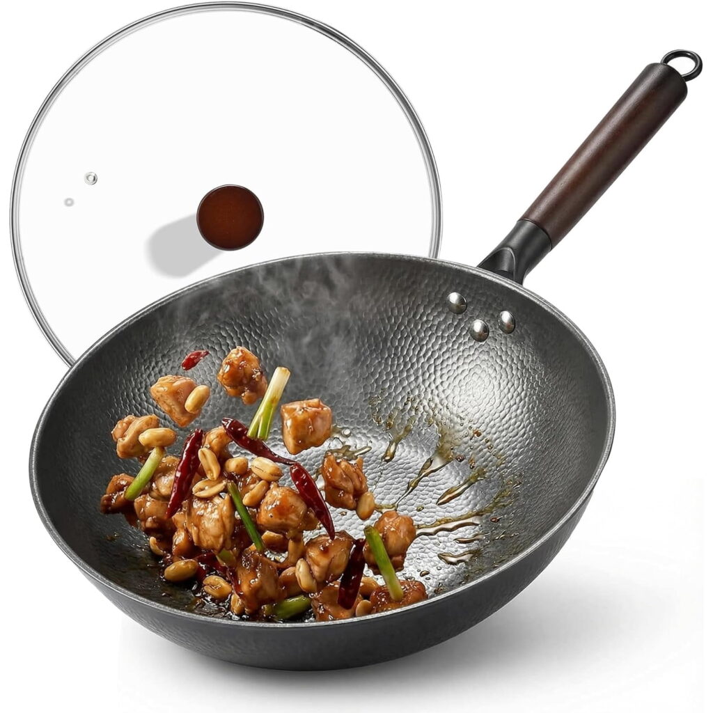 Rorence 13 Inch Carbon Steel Wok Pan with Glass Lid, 6.4 QT Stir-Fry Pan, No Chemical Coating
