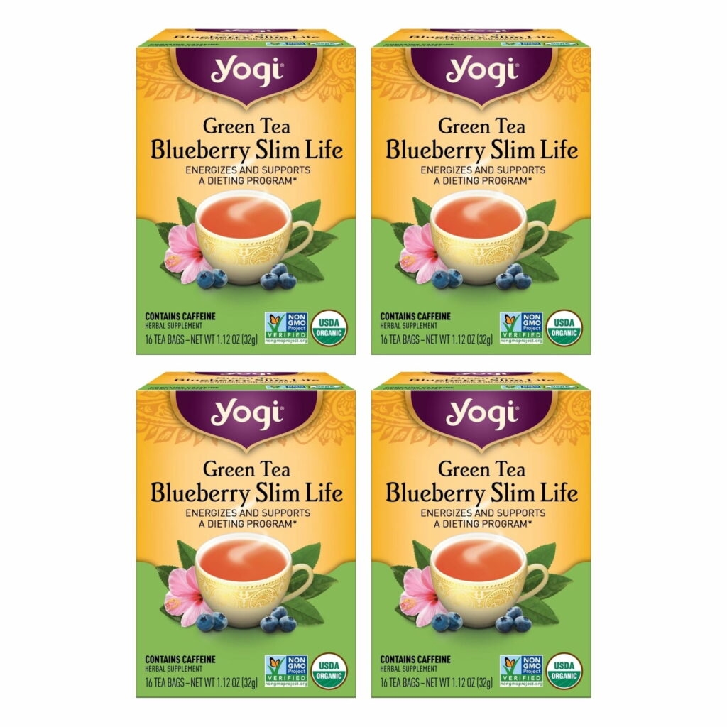 Yogi Green Tea Blueberry Slim Life (4 Pack) - Energizes - Contains Caffeine - 64 Organic Tea Bags