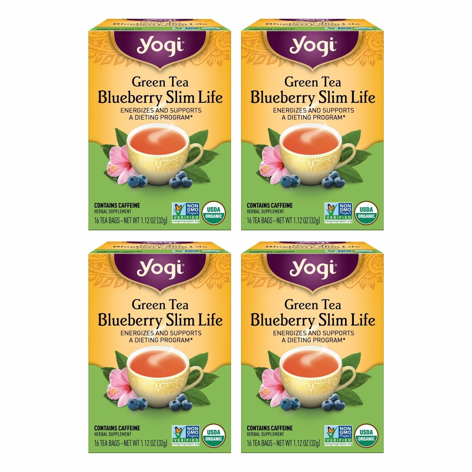 Yogi Green Tea Blueberry Slim Life (4 Pack) - Energizes - Contains Caffeine - 64 Organic Tea Bags