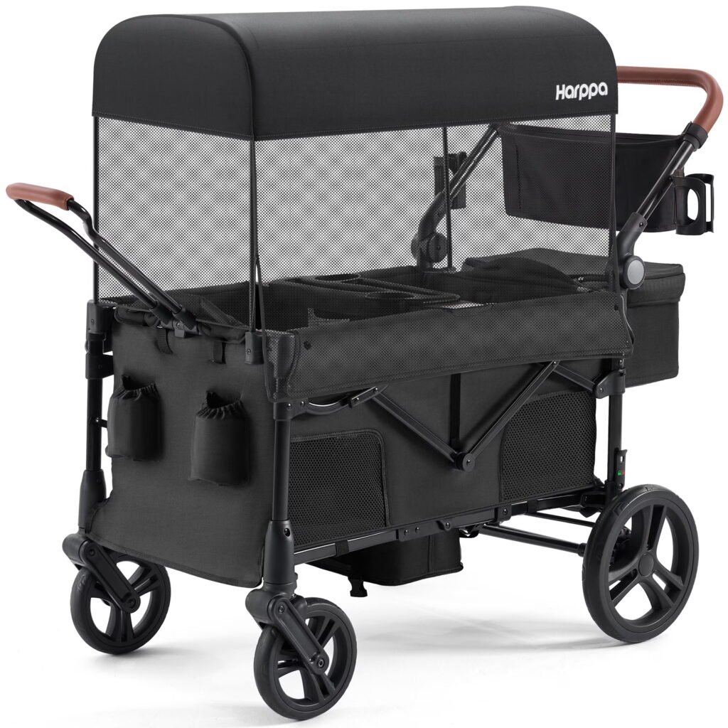 HARPPA Foldable Wagon Stroller for 2 Toddlers with Pull & Push Handle, Canopy, 32.9lbs, Black