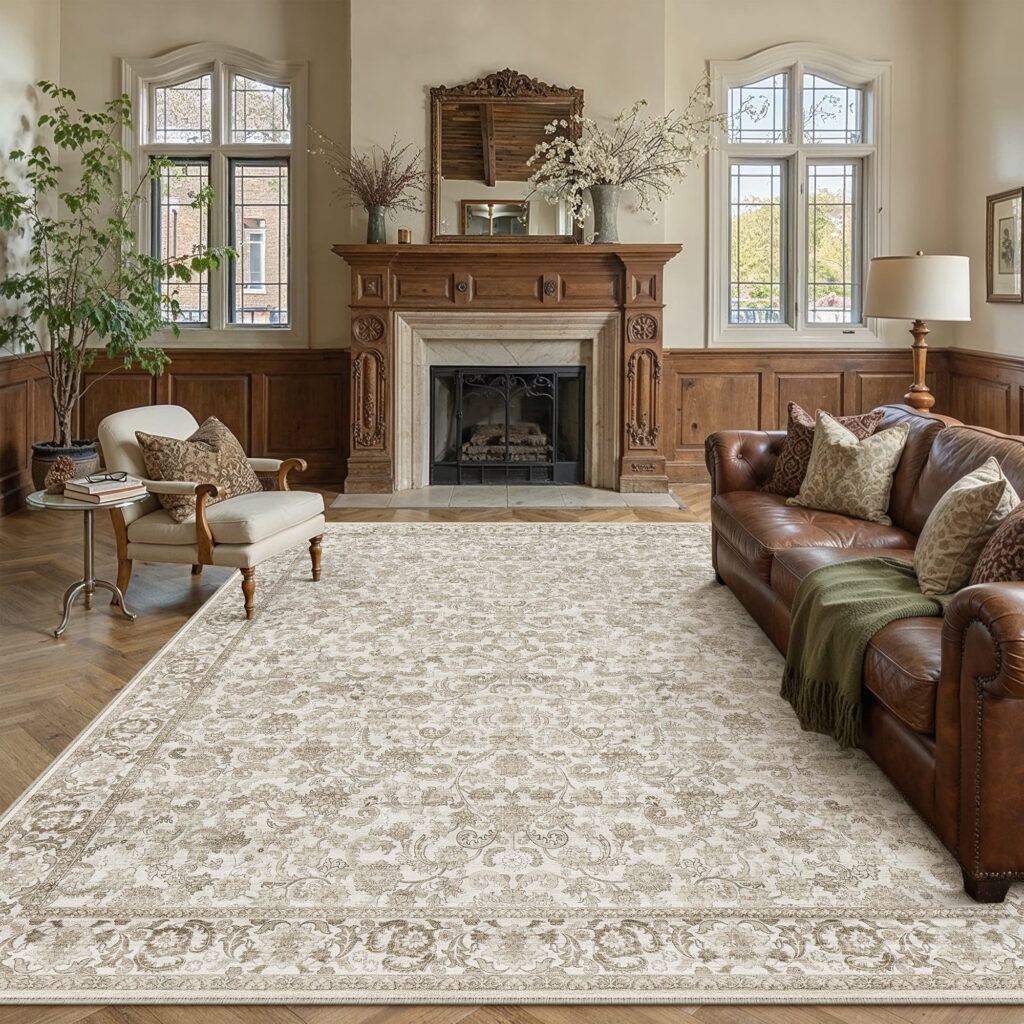 BERTHMEER 8โx10' Beige Brown Vintage Large Area Rugs for Living Room Bedroom Office Dining Room Farmhouse Non Slip Washable Oriental Floral Traditional Distressed Carpets