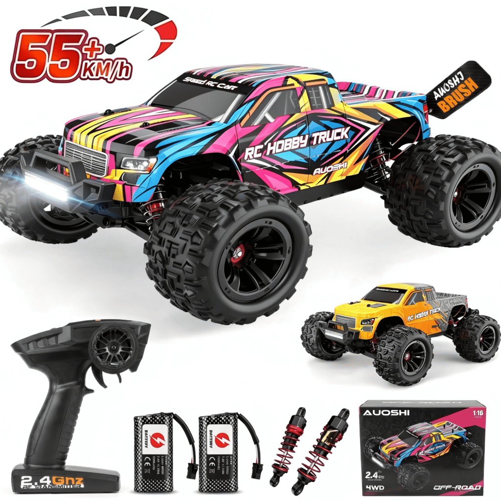 AUOSHI 35+MPH RC Cars 1:16 High Speed Remote Control Truck, 4WD All Terrain Off Road with LED Lights, 2 Batteries, 2 Car Shells for Kids and Adults Toy Gifts