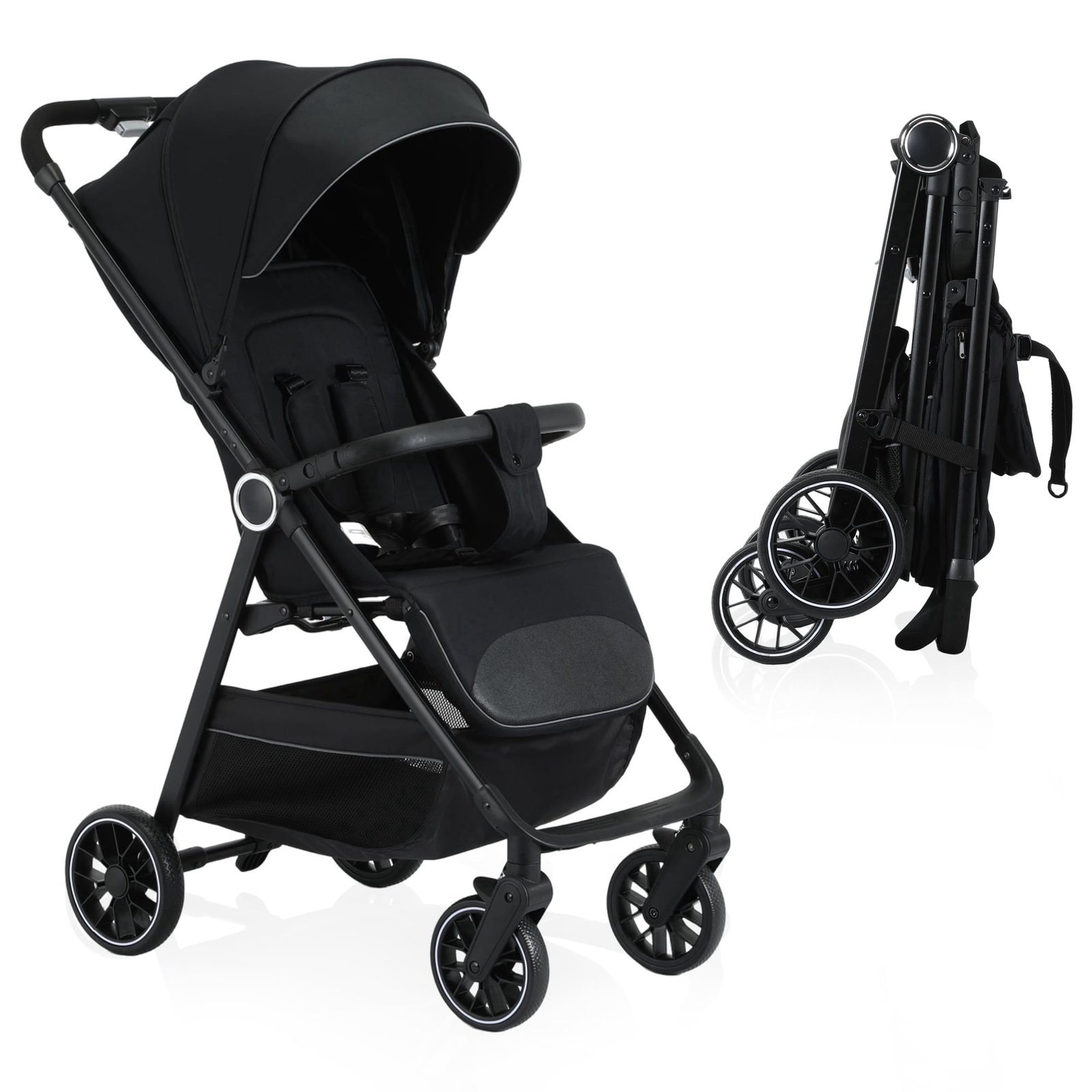 Vrhot Lightweight Baby Stroller, Compact Folding Travel Stroller, One-Hand Fold, Infant and Toddler 6-36 Months, Black