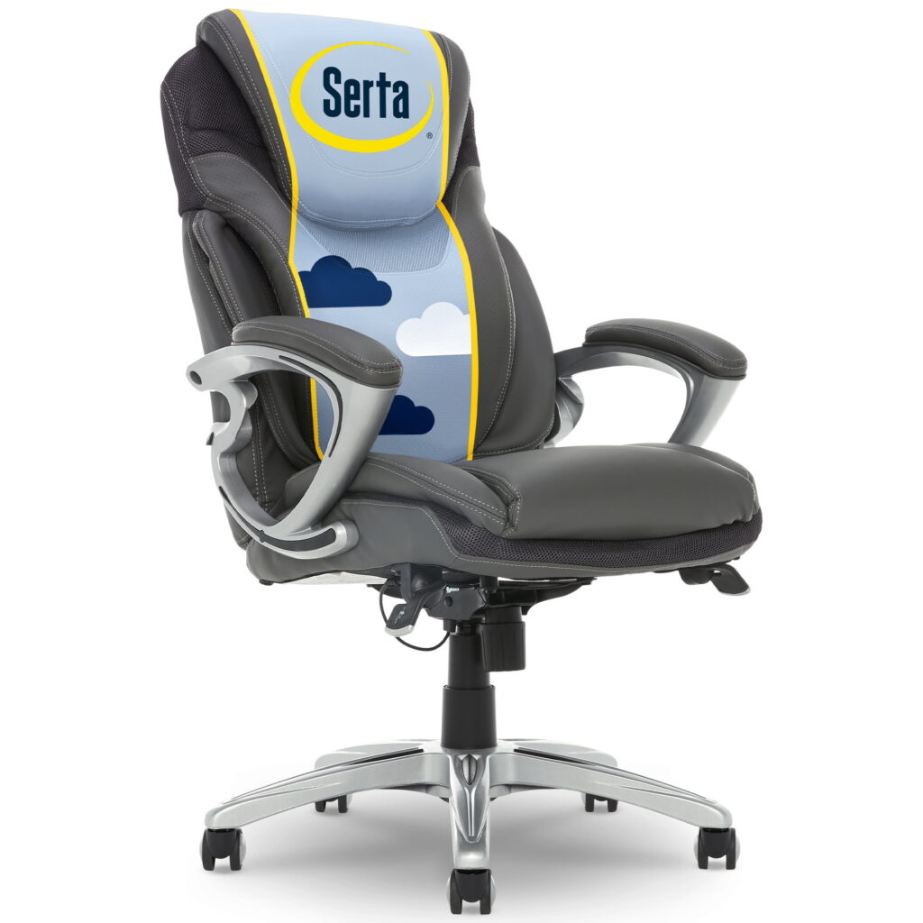 Serta Bryce Executive Office Chair, Ergonomic Computer Desk Chair with Patented AIR Lumbar Technology - Adjustable Height, Memory Foam Body Pillows, 360° Swivel Rolling Base, Bonded Leather, Gray