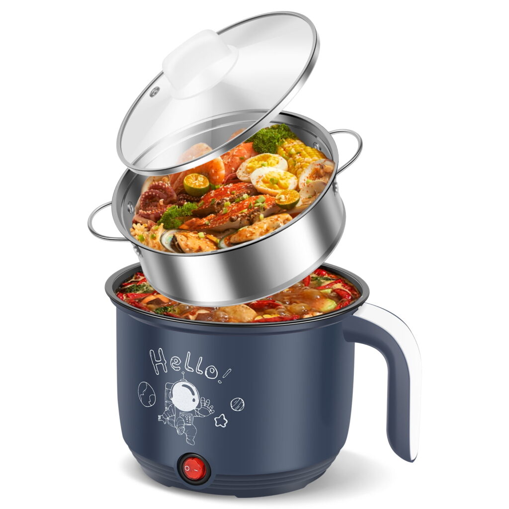 Wekvgz Mini Electric Pot mini hot pot 1.8 L Stainless Steel Electric Cooker Pot with Steamer Non-Stick Mini Ramen Noodles Cooker Pot Portable Electric Hot Pot with Over Heating Protection