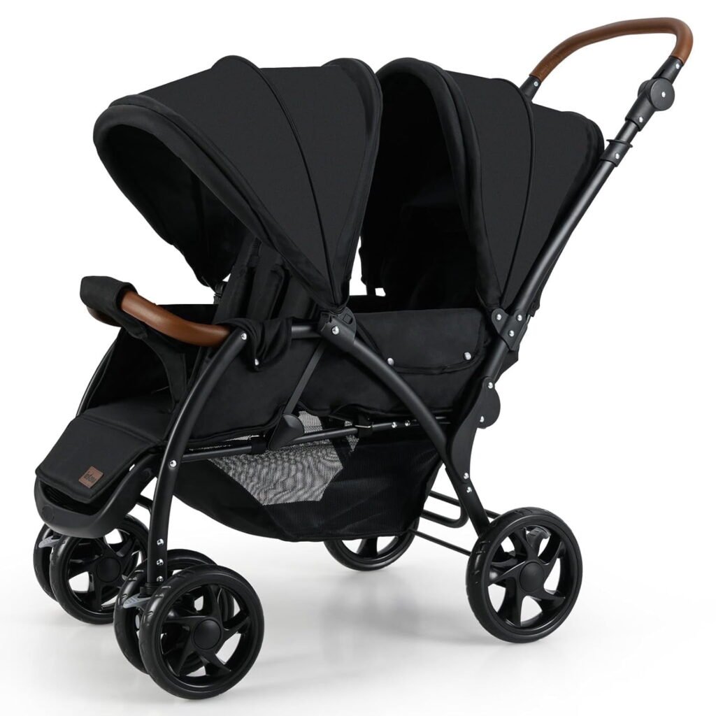 INFANS Double Stroller, Foldable Baby Tandem Stroller with Djustable Backrest Canopy Footrest, 5-Point Harness, Storage Basket, Convertible Compact Lightweight Twin Stroller for Infants and Toddlers