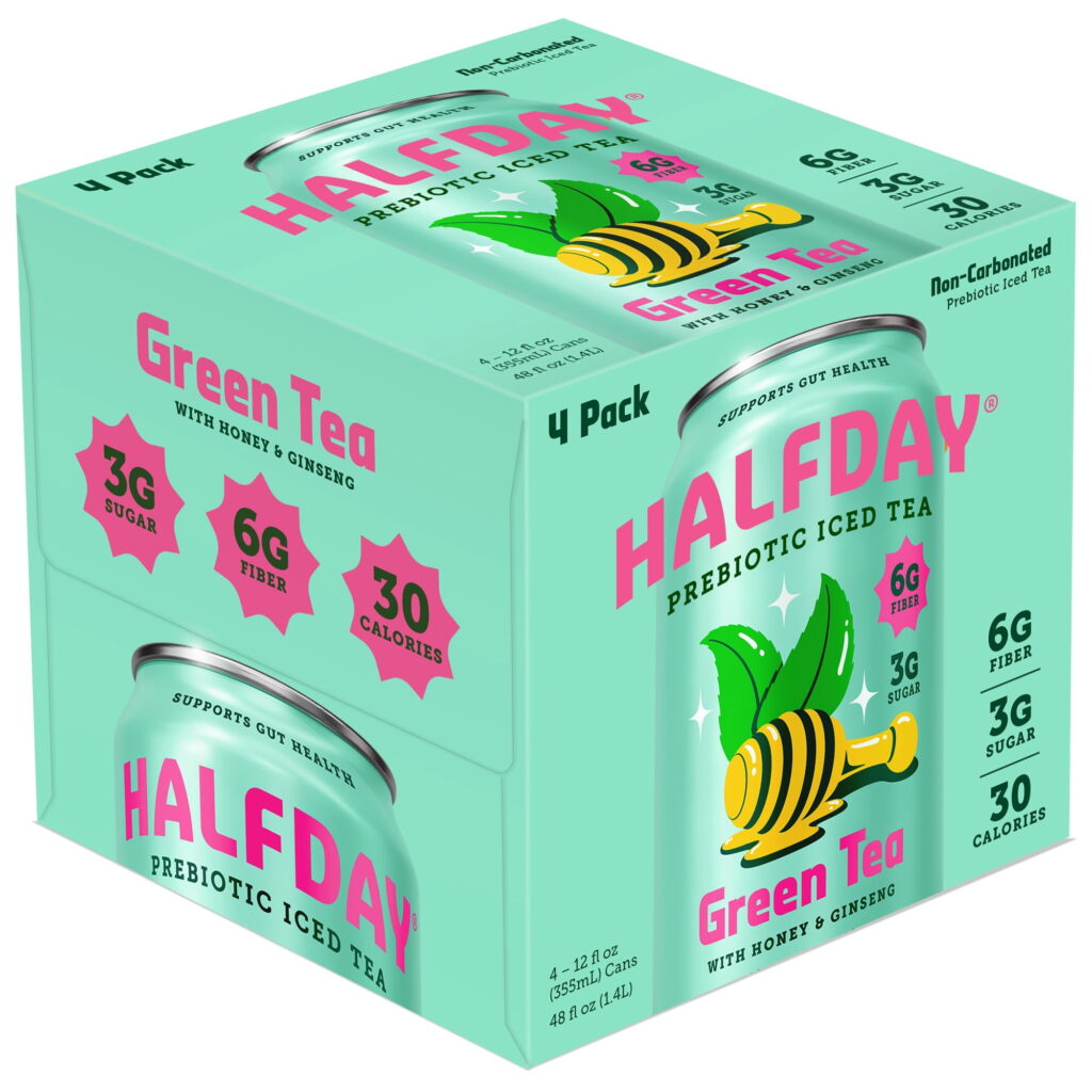 Halfday Prebiotic Green Iced Tea with Honey & Ginseng, 6g Fiber, Real Brewed Green Tea, Caffeinated, 12 fl oz, 4 Pack