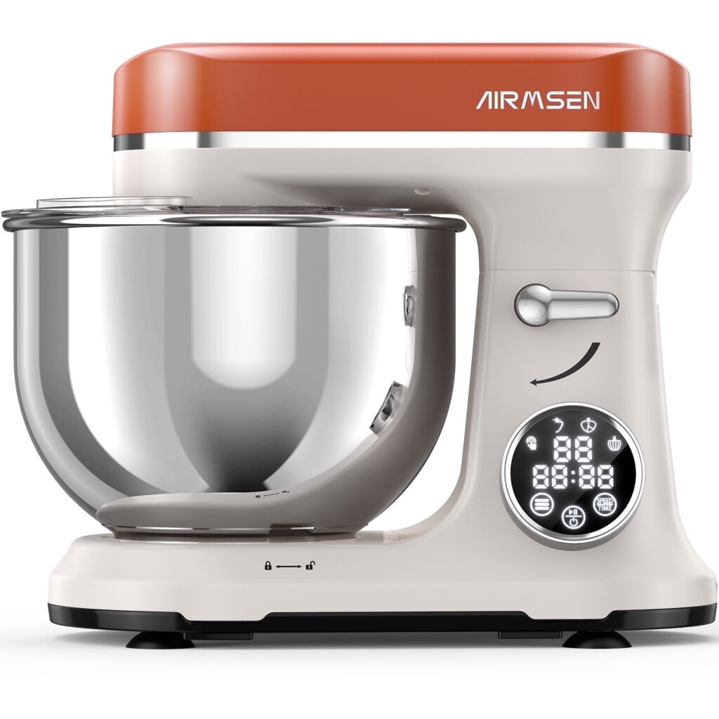 AIRMSEN 11-Speed 5.5 QT Stand Mixer with LED Touchscreen & Timer, 3 IN 1 Electric Mixer for Kitchen, Beige and Orange