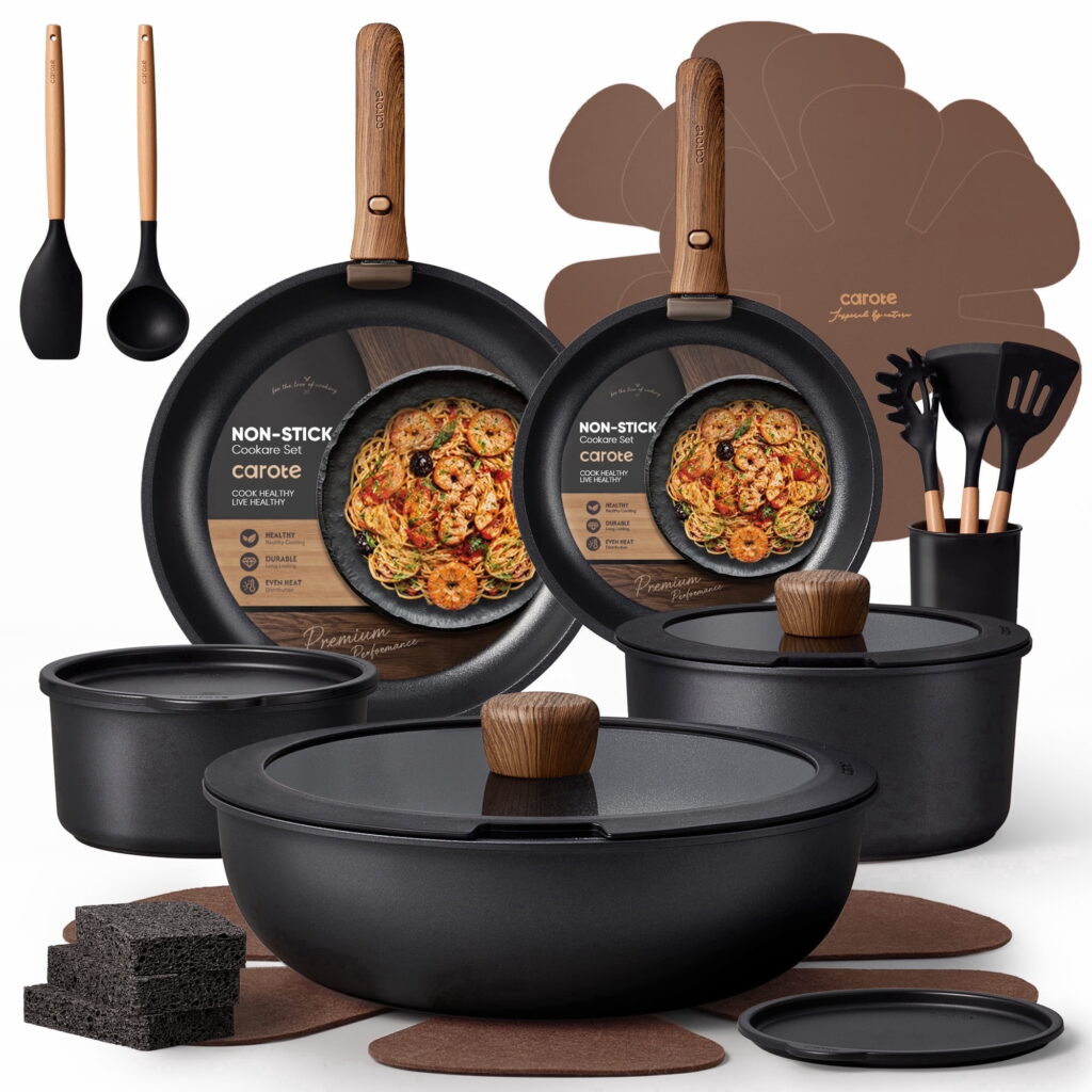 CAROTE 24-Piece Nonstick Cookware Set, Pots and Pans Set with Detachable Handle, Induction Compatible, Oven & Dishwasher Safe, Black