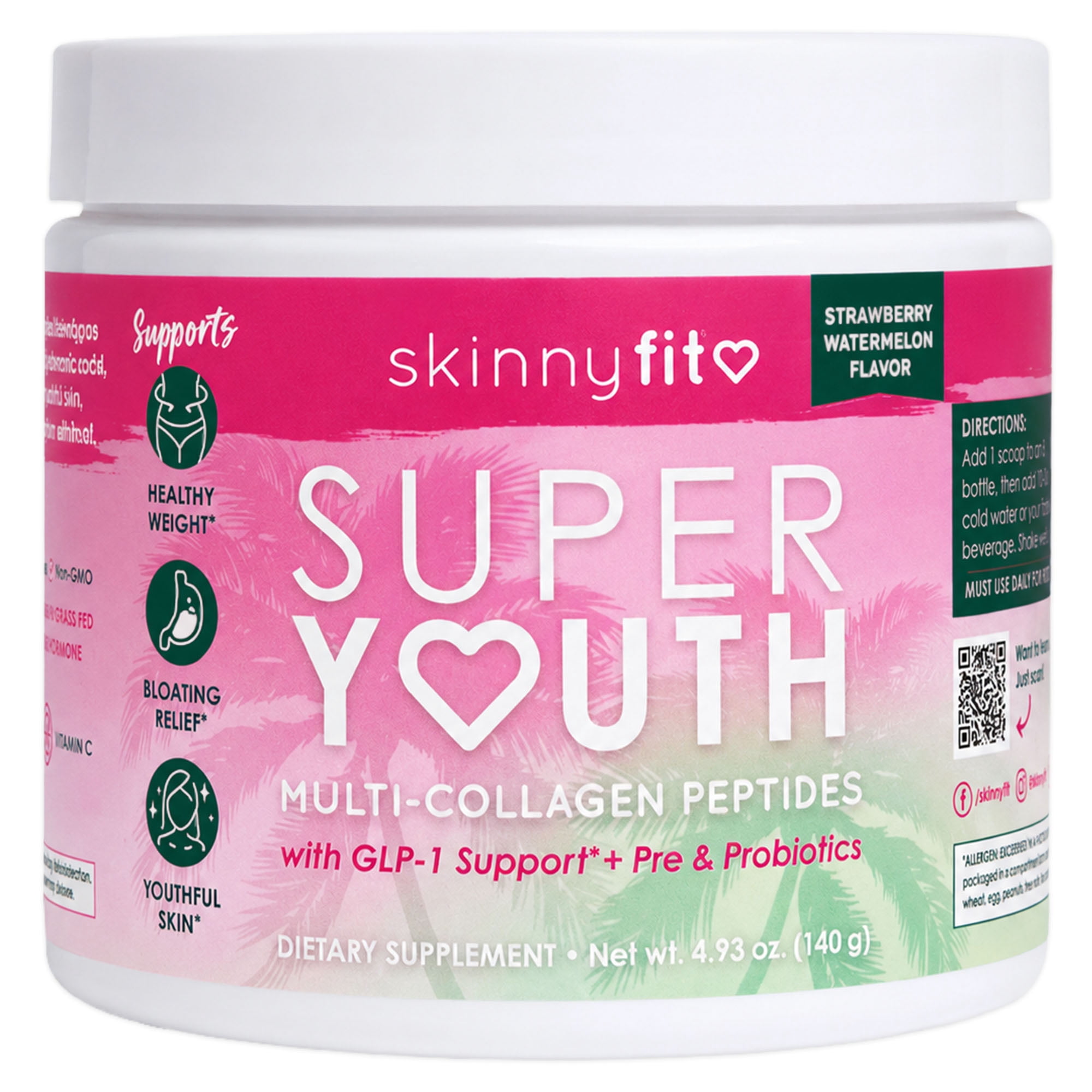 SkinnyFit Super Youth Multi-Collagen Peptides Powder for Skin & Joint Health, Strawberry Watermelon Flavor, 14 Servings