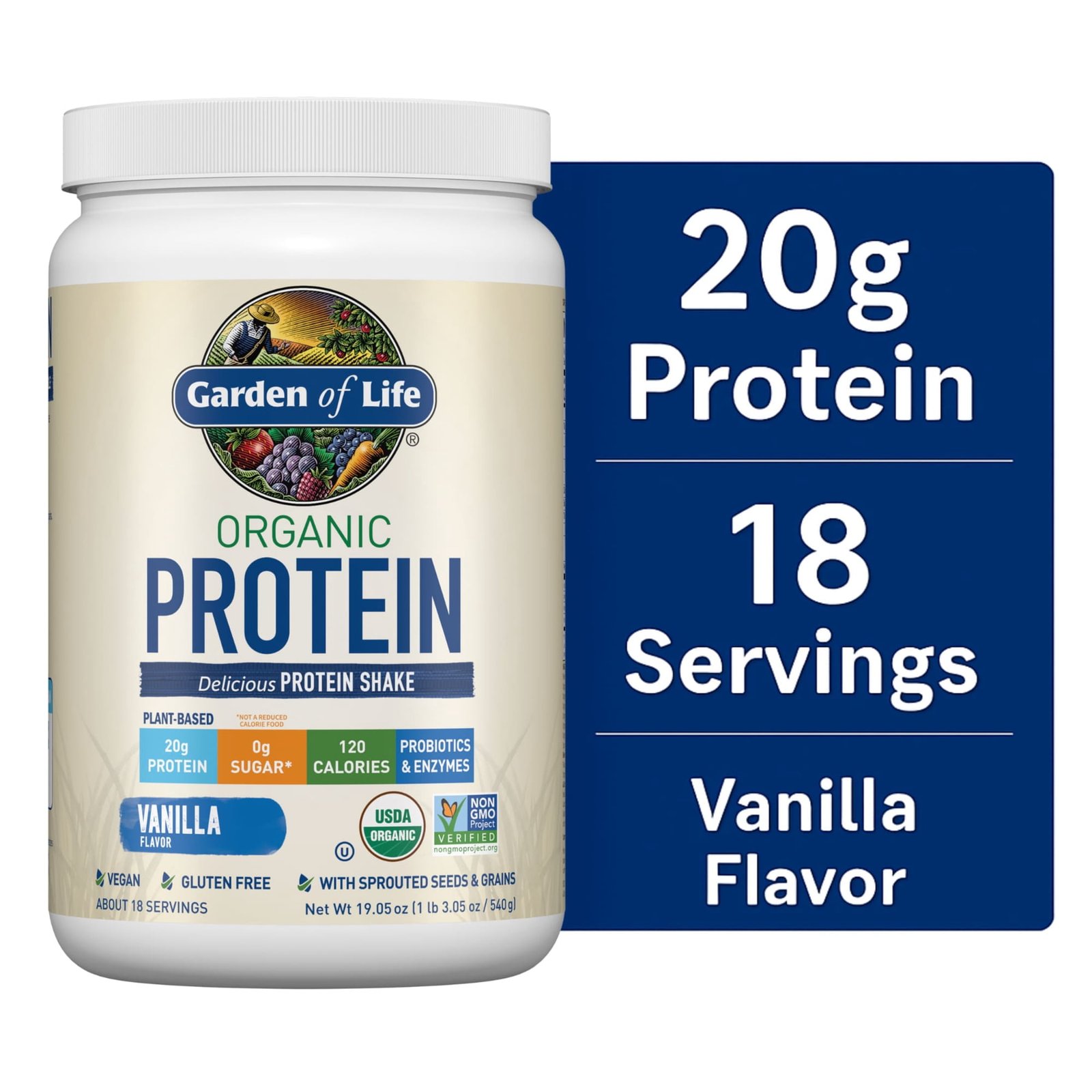 Garden of Life Organic Plant-Based Protein Powder, Vanilla, 20g Protein Shake Drink, Vegan, Probiotics, Digestive Enzymes, 19.05oz