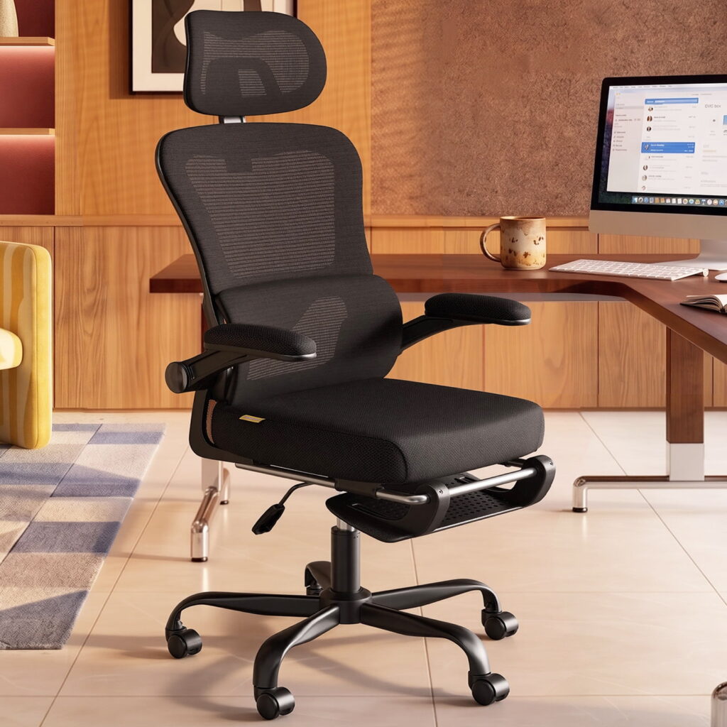 Pinmoco Ergonomic Office Chair with Footrest, High Back Mesh Desk Chair with Flip-up Arms and Lumbar Support, Black Mesh