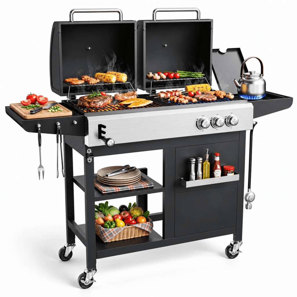 Biotree 3-Burner Gas and Charcoal Grill Combo, Dual Fuel 54,000 BTU BBQ Propane Grill with Side Burner for Backyard BBQ, Outdoor Cooking & Camping