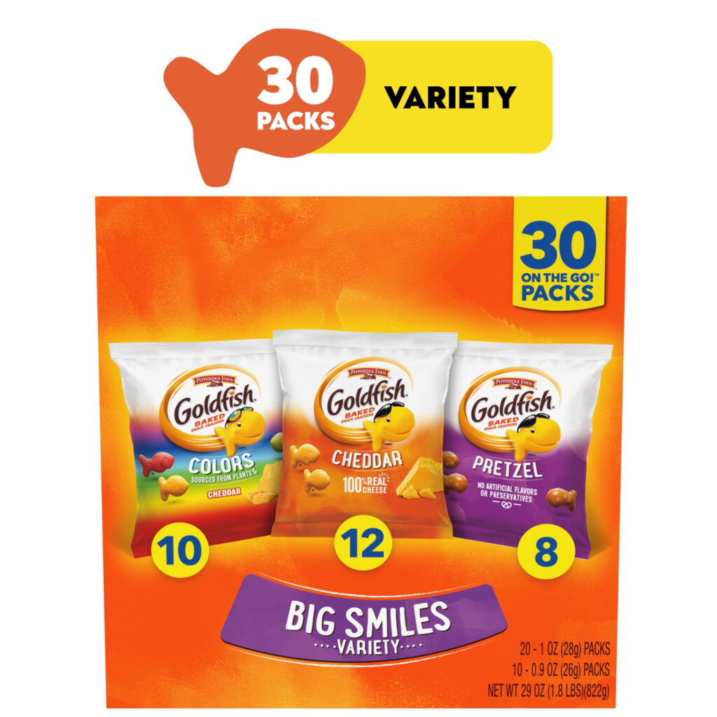 Goldfish Crackers Big Smiles with Cheddar, Colors, and Pretzel Crackers, Snack Pack, 30 Count Variety Pack Box