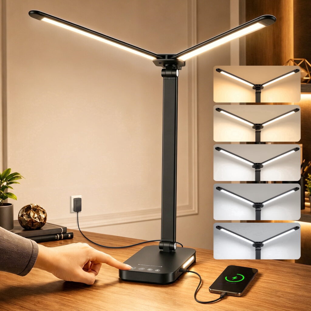 RELOIVE LED Desk Lamp for Home Office - 24W 3000LM Dual Head Table Lamp, Eye-Caring Dimmable Reading Light with USB Charging Port, 5 Color Modes, Foldable Craft Task Light