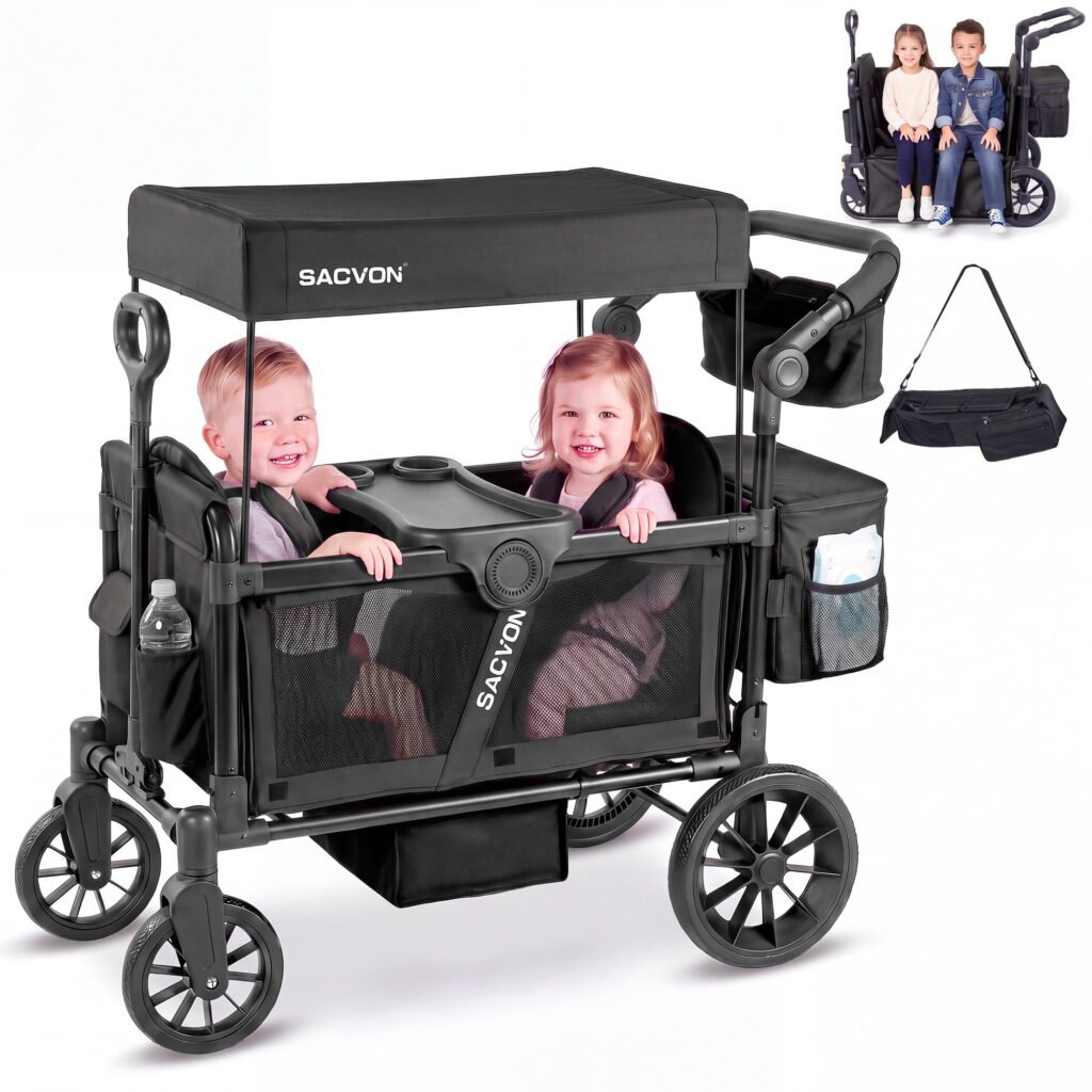 SACVON Wagon Stroller for 2 Toddlers, 4‑in‑1 Collapsible Stroller Wagon with Side Entry, 5‑Point Safety Harness, Adjustable Canopy, Snack Tray & Convertible Backpack Storage Bag, Black