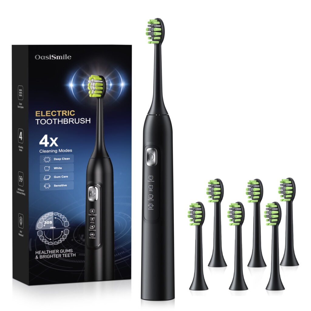 OasiSmile Sonic Electric Toothbrush for Adults, Rechargeable Travel Tooth Brush with 6 Brush Heads, 42000 VPM Deep Clean 4 Modes 120-Day Battery, Black
