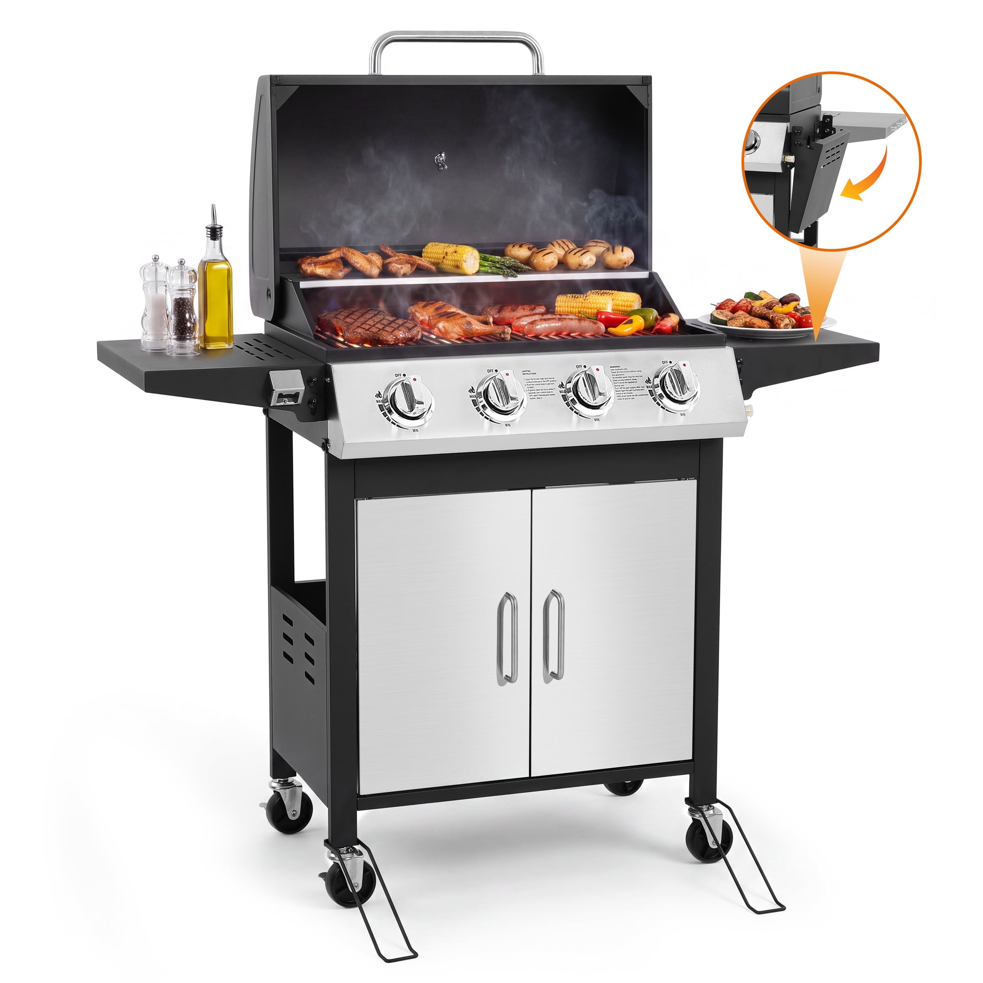 SEGMART 4 Burner BBQ Propane Gas Grill, Stainless Steel 40,000 BTU Patio Garden Barbecue Grill with Folding Side Tables, Thermometer & Bottle Opener, Perfect for Camping, Outdoor Cooking
