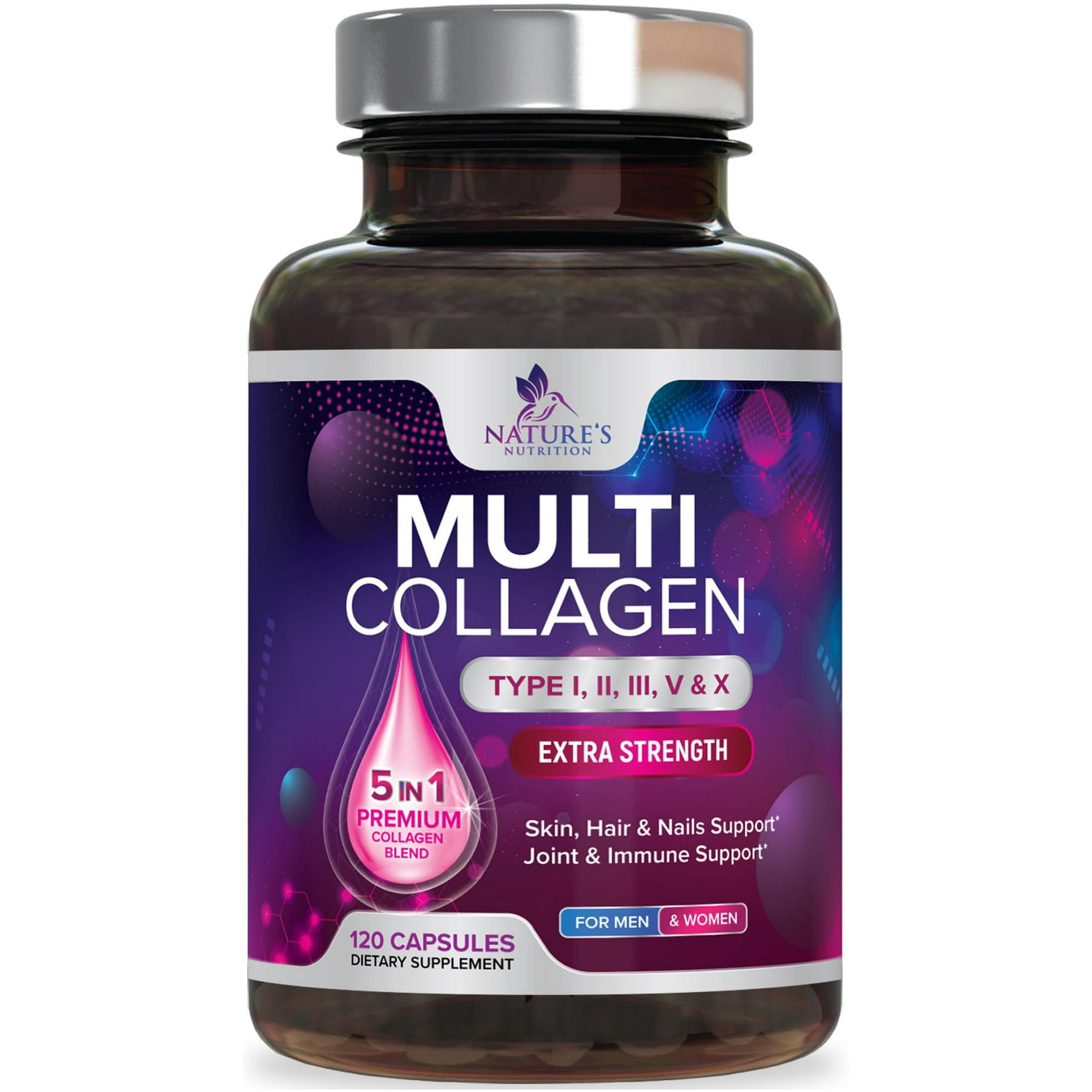Multi Collagen Pills 2400mg - Best Hydrolyzed Collagen Peptides Capsules for Women & Men - Type I, II, III, V, X Collagen Complex - Hair, Skin, Nails Support Supplement - Bottled in USA, 120 Capsules