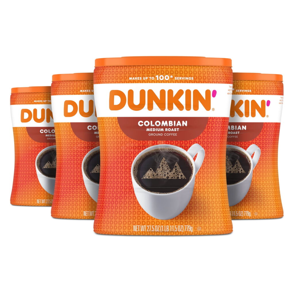 (4 pack) Dunkin’ Colombian Medium Roast Ground Coffee, 27.5 oz Canister