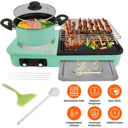 Imountek 3 in 1 Hot Pot with Grill & Fry, 1600W Electric Hot Pot with Grill Smokeless Non-Stick, Dual Temp Control for 3-5 People, Green
