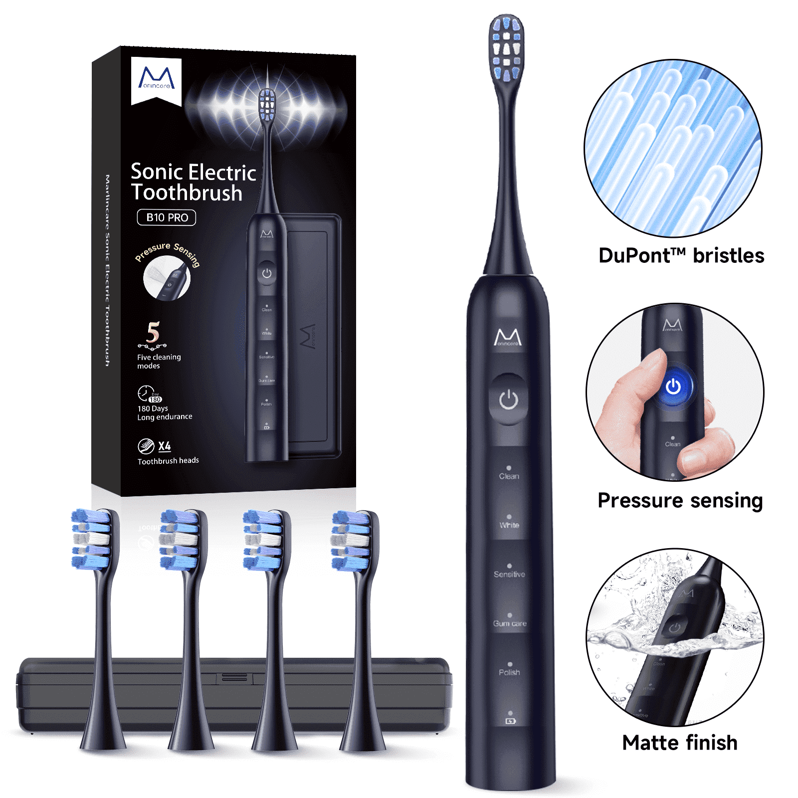 Marlincare Sonic Electric Toothbrush for Adults , Rechargeable Toothbrush,180-Day Battery Life, Blue