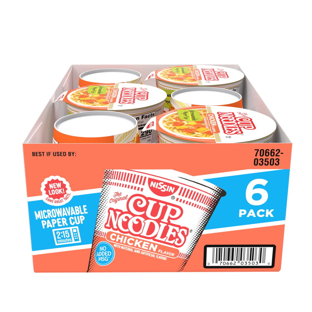 Nissin Foods Cup Noodles Ramen Noodle Soup, Chicken Flavor, 2.25 oz Cup, Shelf-Stable, 6 Pack