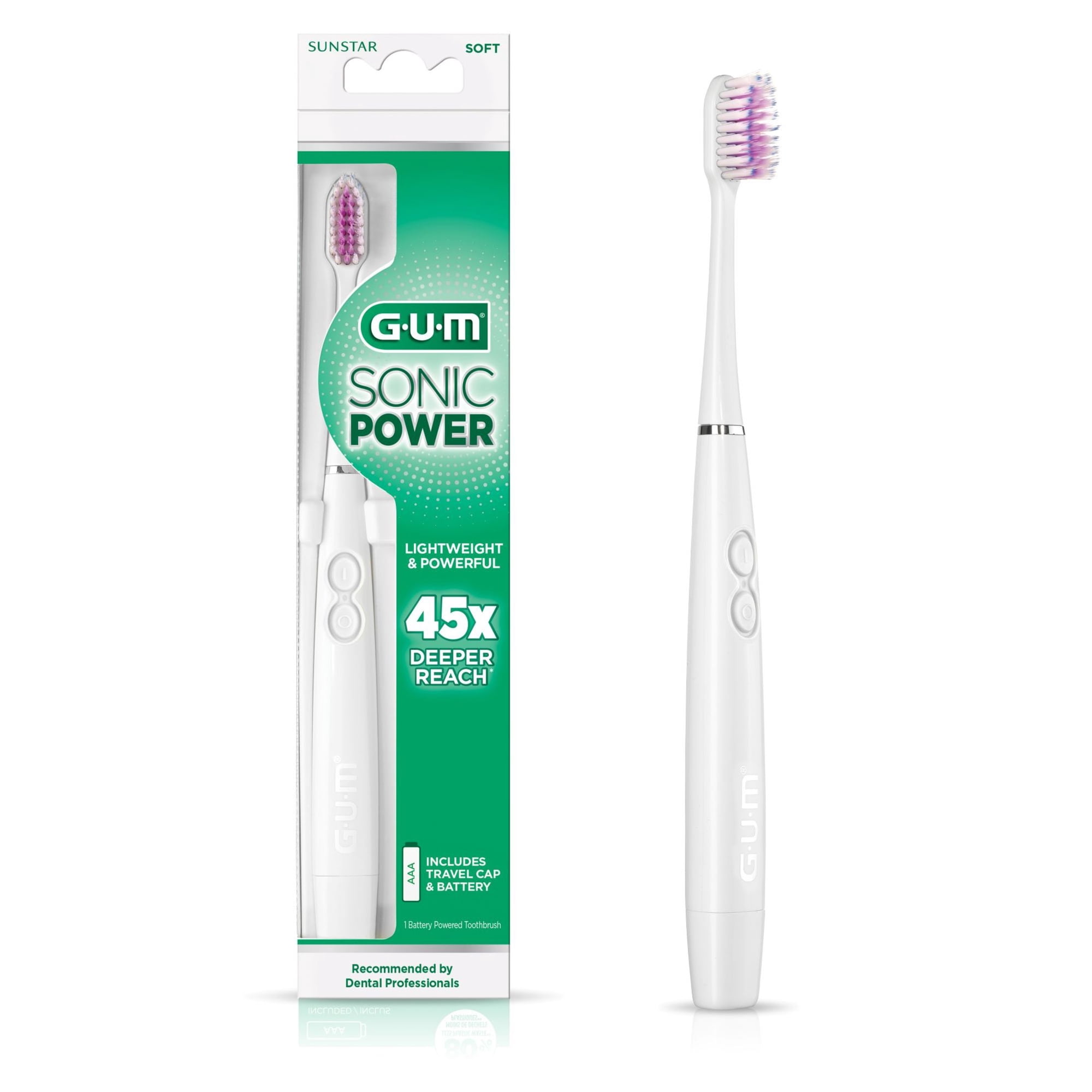GUM Sonic Battery Powered Toothbrush, Tapered Bristles Clean Below the Gumline, White, 1 Count.