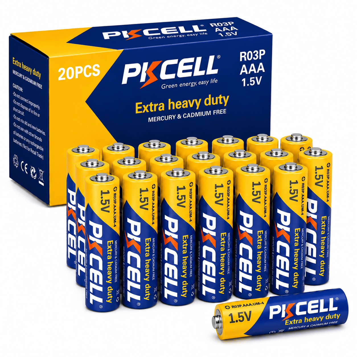 PKCELL Carbon Zinc AAA Batteries (20 Pack), 1.5V Extra Heavy Duty Triple A Batteries for Remote Control and Clocks