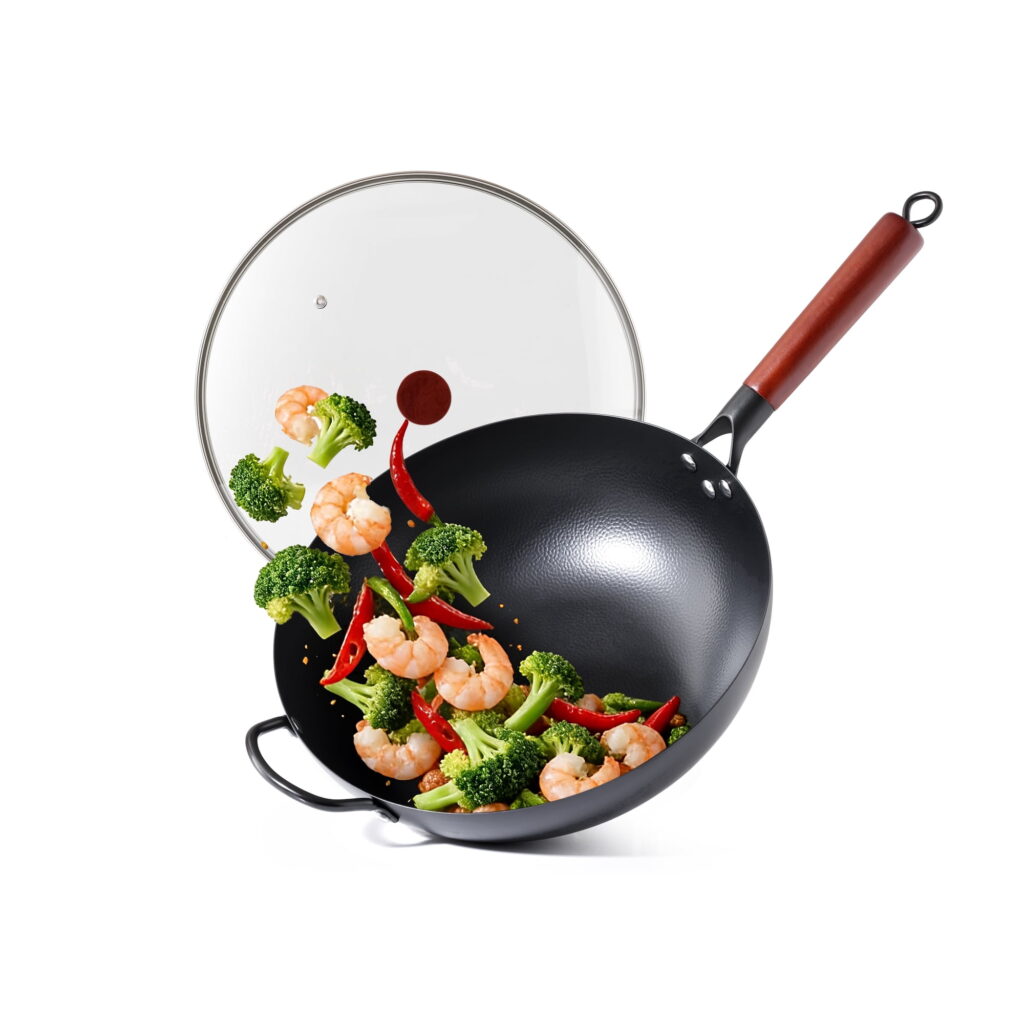 Kordisen 12.6" Carbon Steel Wok with Lid, Deep Nitriding Flat Bottom Wok for Induction & Gas Stoves