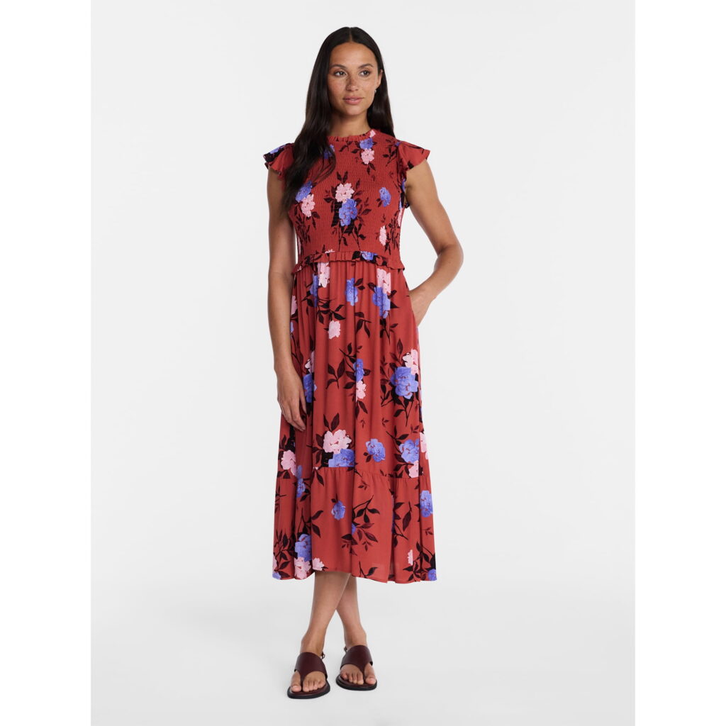 Time and Tru Women's and Women's Plus Smocked Bodice Midi Woven Dress, Sizes XS-4X