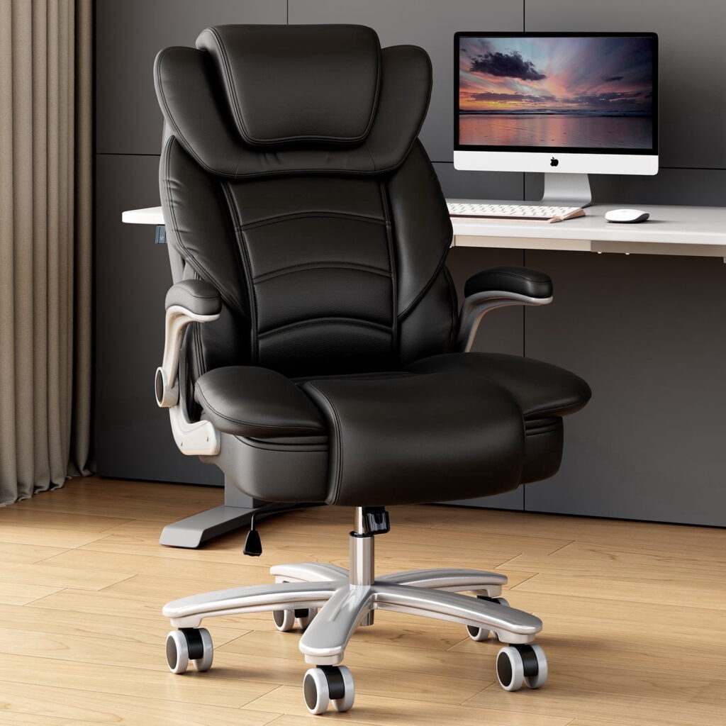 Ninecer Big and Tall Office Chair 400lb Wide Seat, Ergonomic High Back Leather Executive Desk Chair, Computer Chair with Flip-up Arms, Black