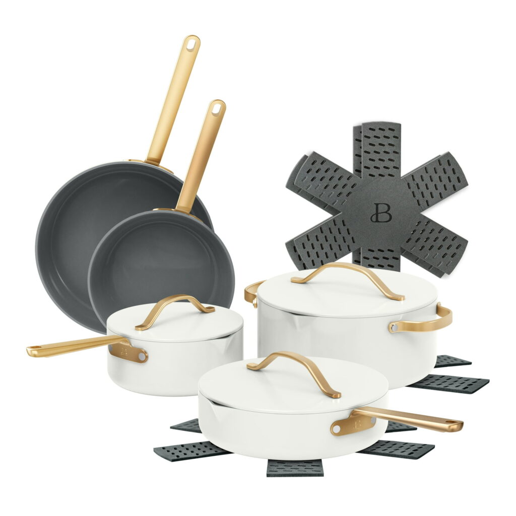 Beautiful 12-Piece Cookware Set, Pots and Pans with Strainer Lids and EverGood Ceramic Nonstick Coating, White Icing by Drew Barrymore