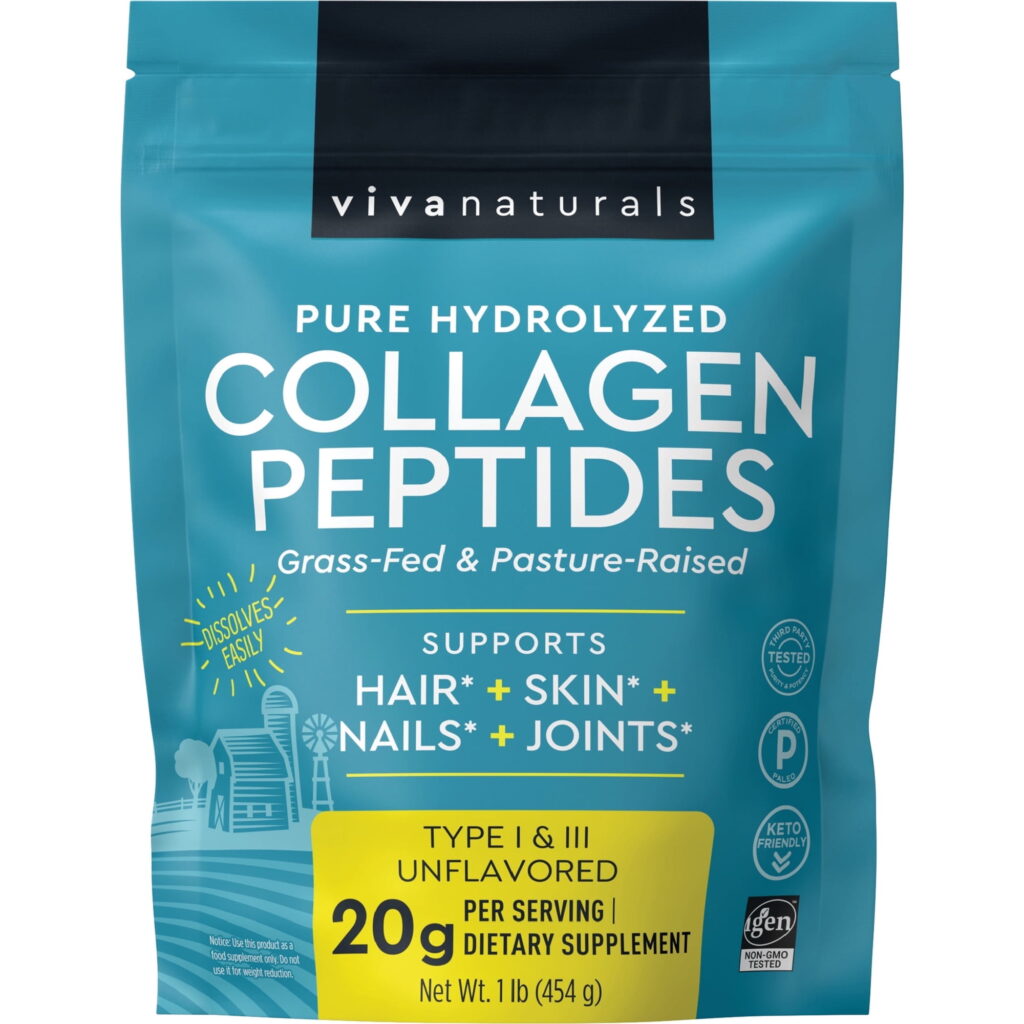 Viva Naturals Pure Hydrolyzed, Bovine Collagen Peptides, Type I & III, Grass-Fed, 1 lb