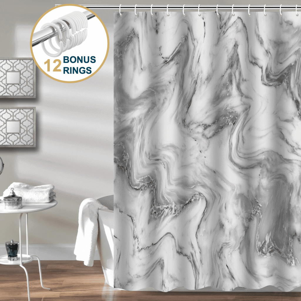 ComfiTime Shower Curtain with Hooks โ Heavy-Duty Mold/Mildew-Resistant, Weighted-Hem Fabric Bathroom Curtain, Water-Repellent, Machine-Washable, Fade-Resistant, Marble, Gray, 72 x 72