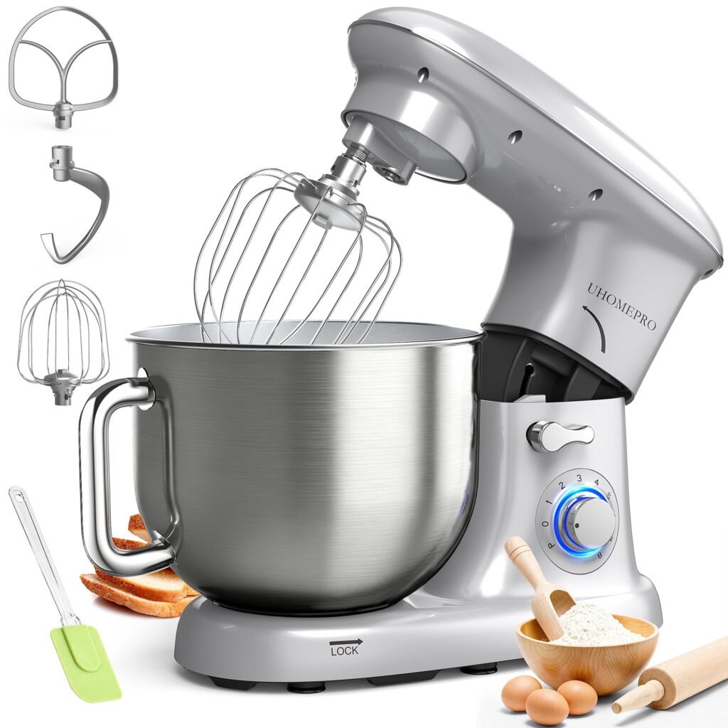 UHOMEPRO 8.5QT Stand Mixer, 8-Speed Tilt-Head Kitchen Dough Mixer, 3-in-1 Home Commercial Electric Cake Mixer With Dough Hook, Beater, Egg Whisk, Dishwasher Safe, Silver