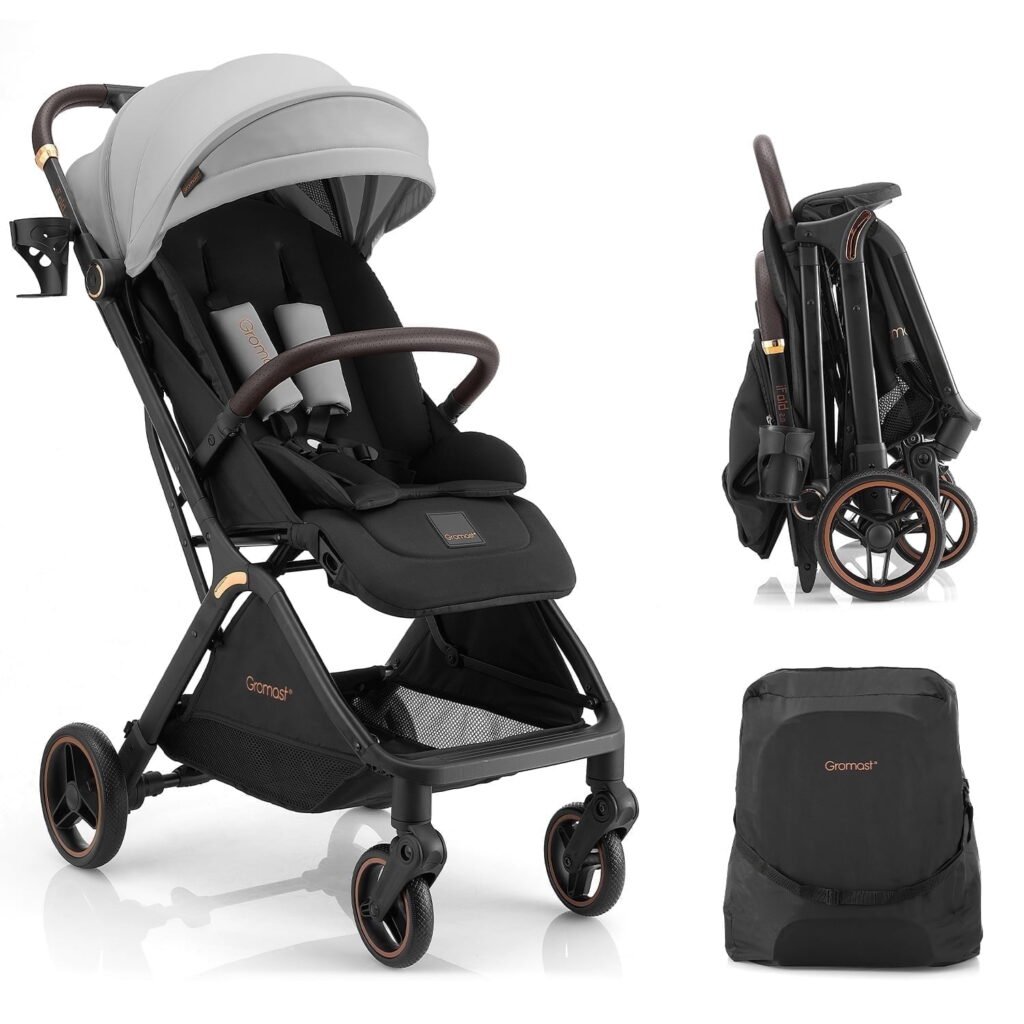 Gravity Folding Baby Stroller - Portable Toddler Stroller w/ Adjustable Backrest & Canopy, Lightweight and UV Protected Travel Stroller, One-Hand Automatic Folding - Light Gray
