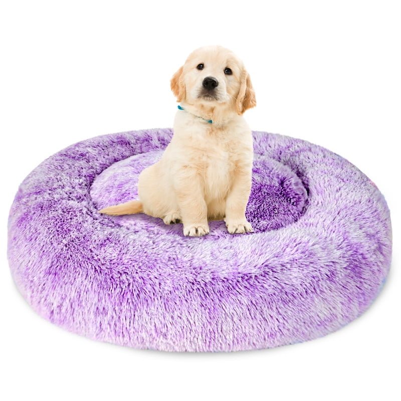 Exclusivo Mezcla Calming Donut Pet Bed for Small Dogs 20", Anti-Anxiety Plush Cozy Warming Dog Bed, Gradient Purple