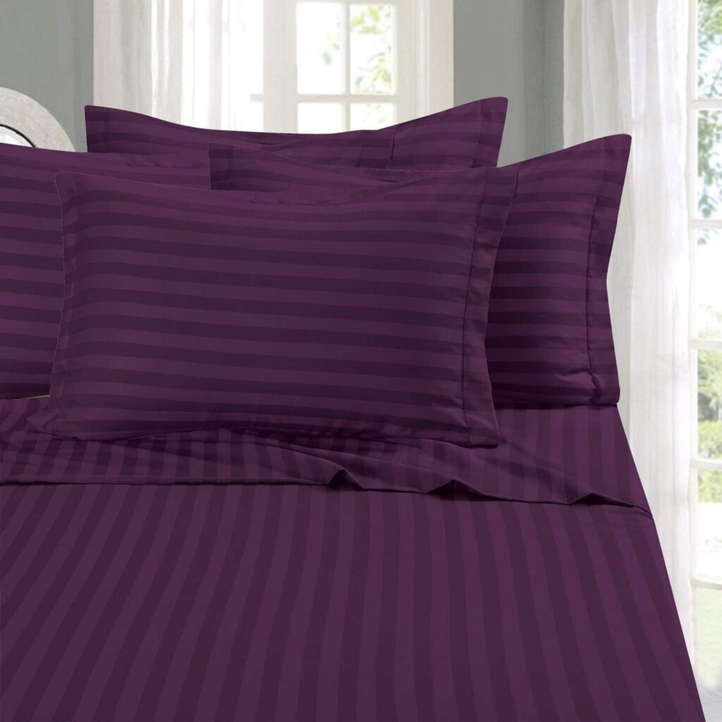 Mocassi Egyptian Quality Luxurious 6 Piece DAMASK Stripe King Size Bed Sheet Set, Deep Pockets, Purple