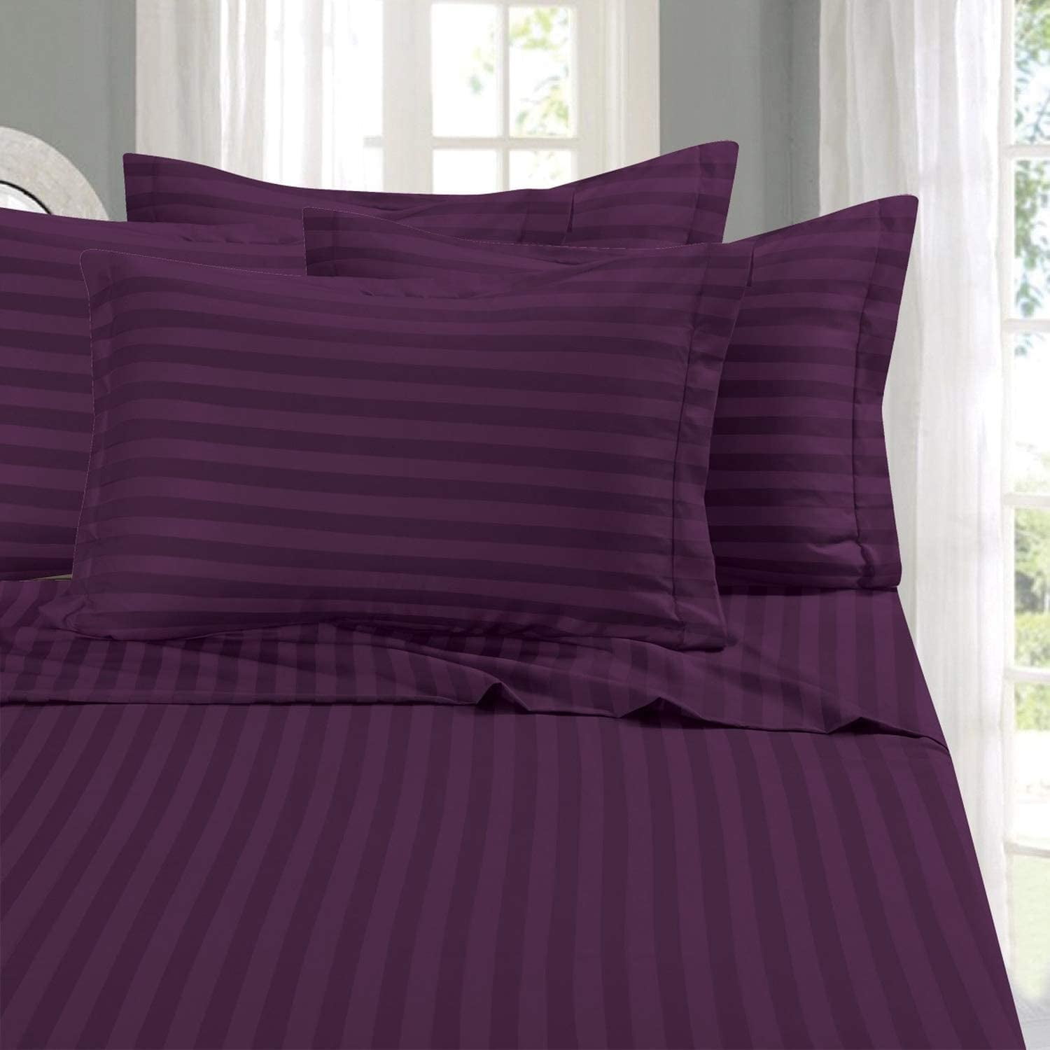 Mocassi Egyptian Quality Luxurious 6 Piece DAMASK Stripe King Size Bed Sheet Set, Deep Pockets, Purple