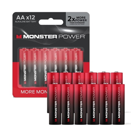 Monster Power AA Alkaline Batteries 12 Pack, 1.5V LR6 Double A Batteries, Long-Lasting Leak-Resistant Power for Remotes, Toys, Flashlights & Household Devices