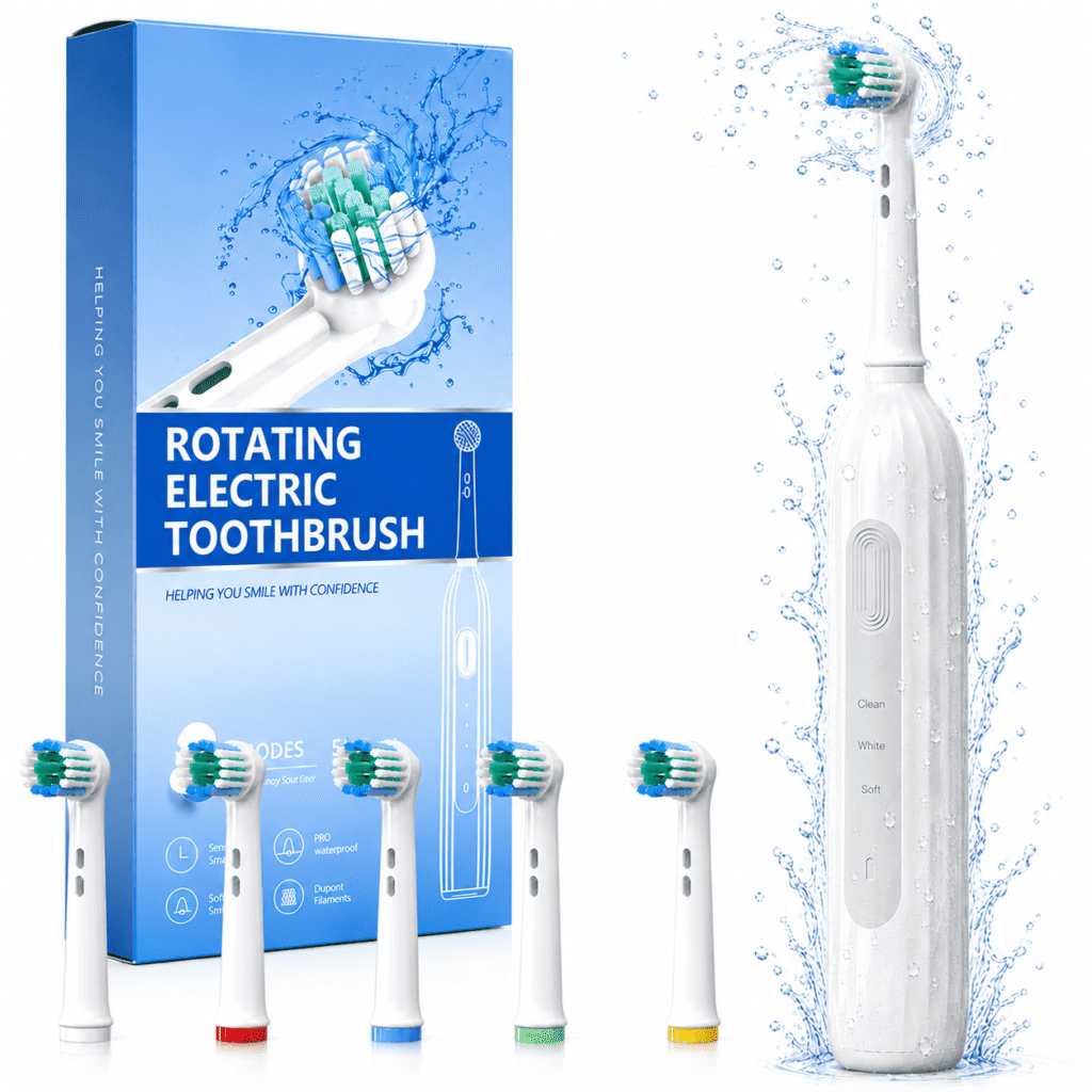 Rotating Electric Toothbrush for Adults, Rechargeable Sonic Toothbrush for Deep Cleaning with 3 Modes , 2 Min Smart Timer, Last 30 Days and IPX7 Waterproof , 6 Replacement Brush Heads (White)