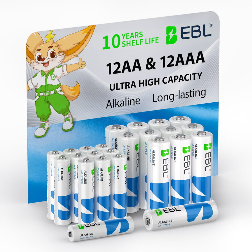 EBL AA & AAA Alkaline Batteries, 24 Pack(12 Double A + 12 Triple A), 1.5V Long Lasting Power, Ultra High Capacity, 10 Year Shelf Life, Zero Leakage Household Batteries