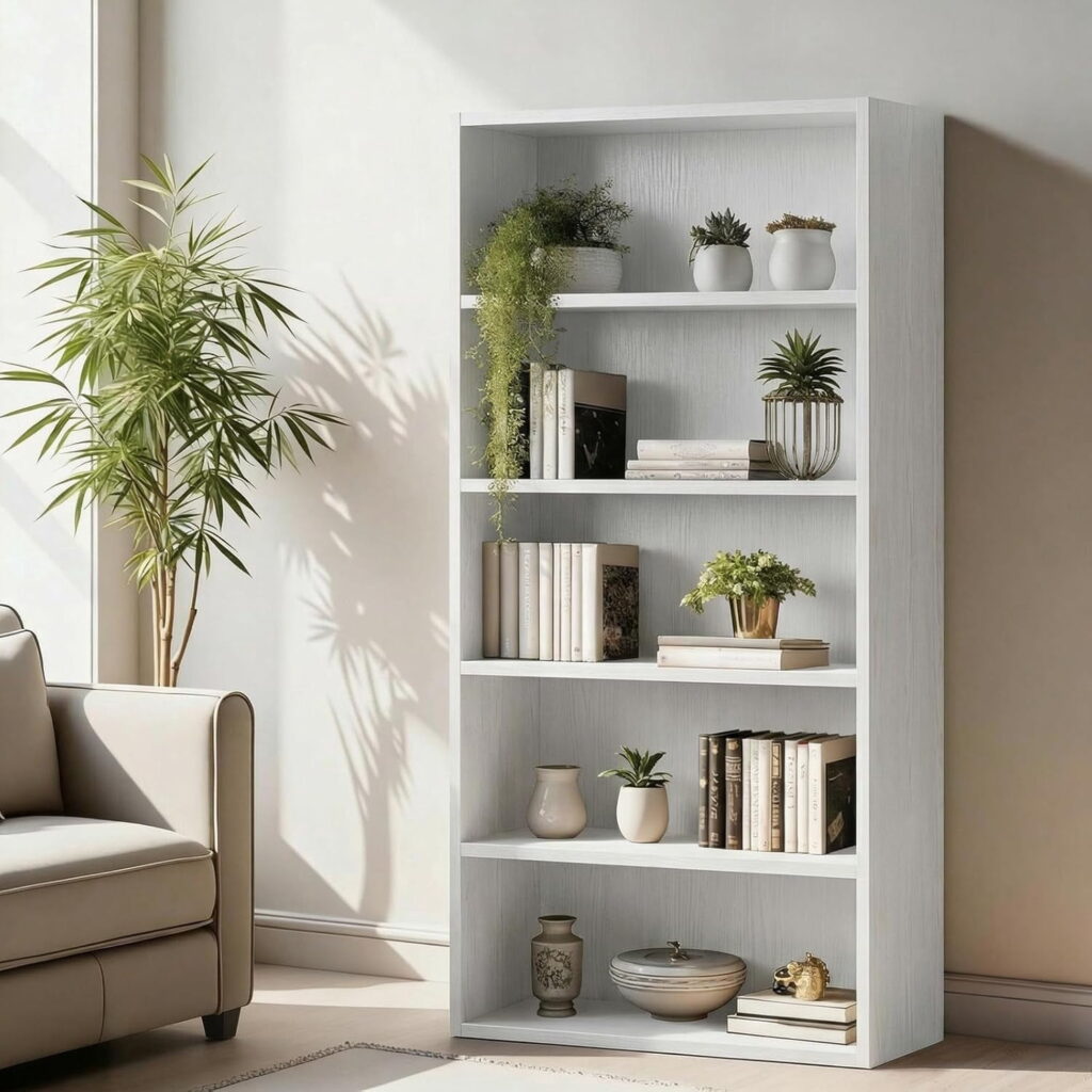 5-Tier Bookcase, 53 Inch Industrial Storage Wall Shelf, Display Shelf for Living room, Bedroom, White
