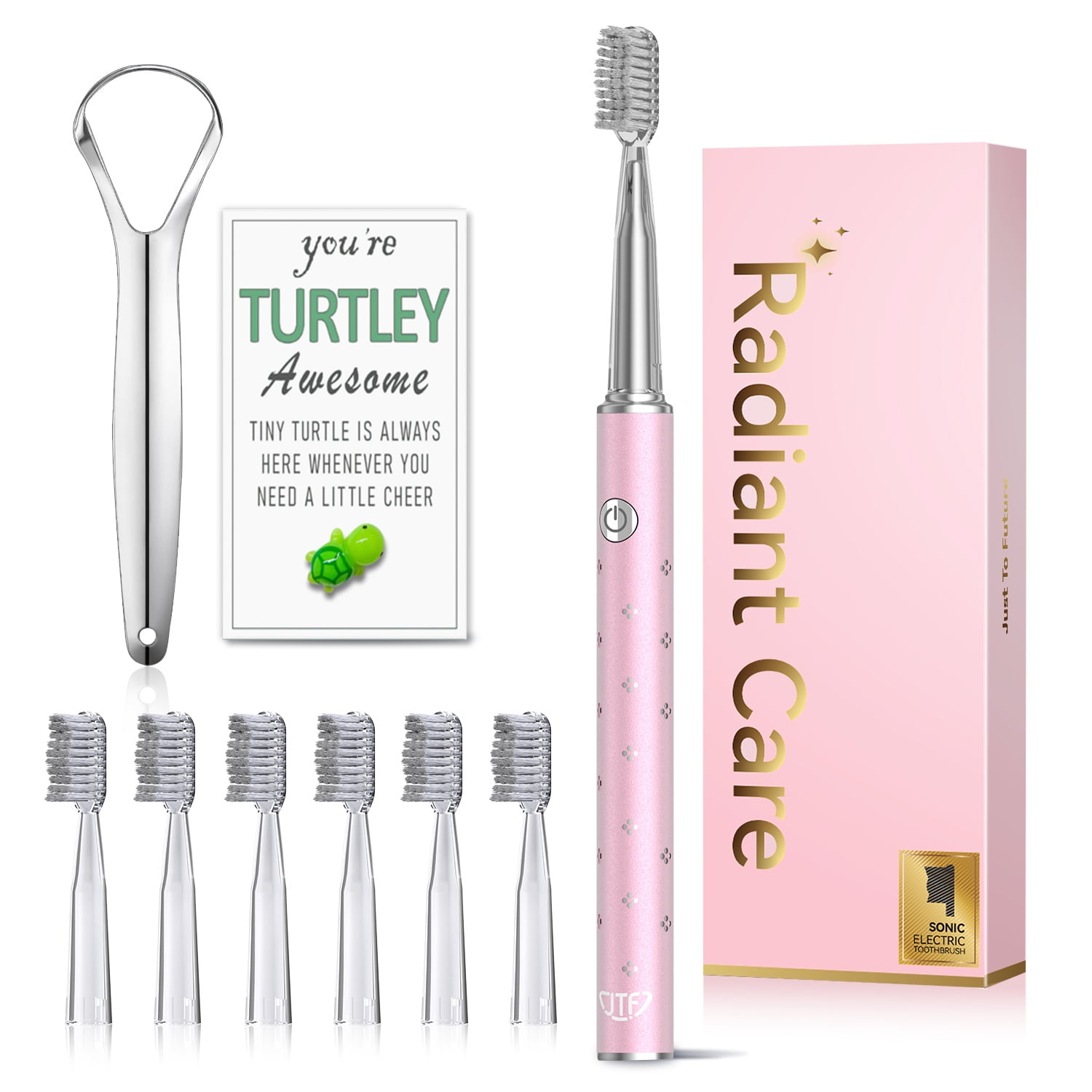JTF Sonic Electric Toothbrush for Adults with 6 Brush Heads and Tongue Scraper, Radiant Care 3 Modes 45 Days Battery Life Rechargeable Power Toothbrush for Family and Friends & Home Trips, Pink
