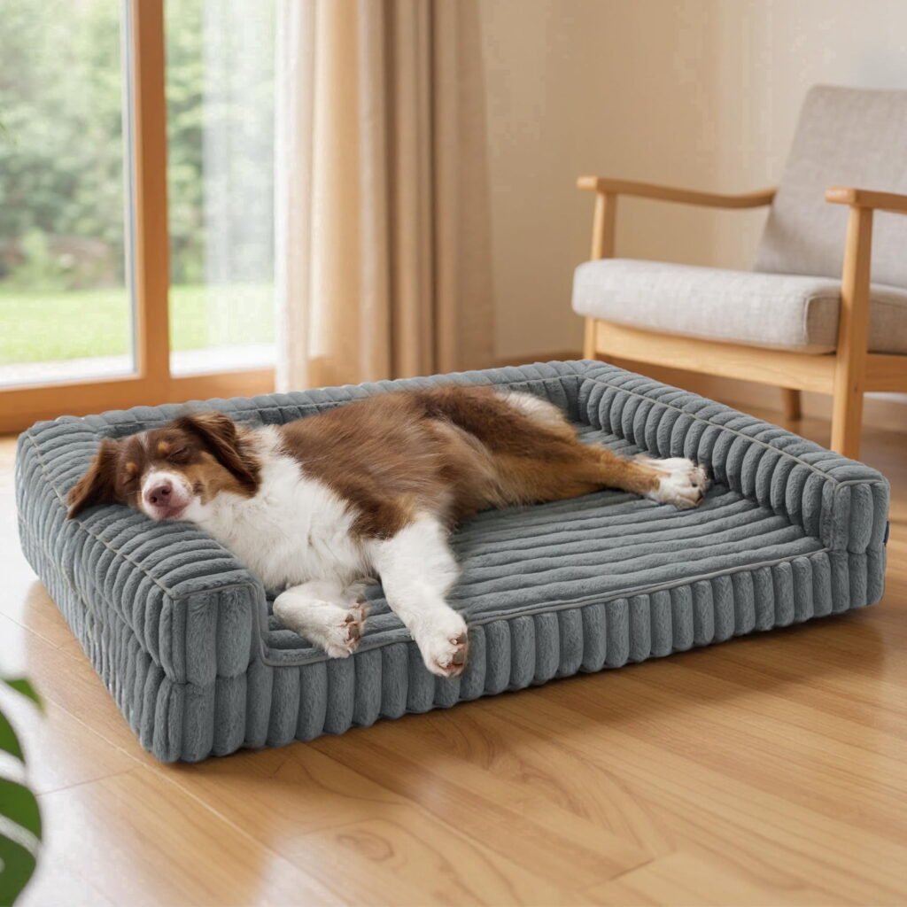 U By Bedsure ComfyFleece Orthopedic Large Dog Bed, Waterproof Egg-Crate Foam Pet Couch Sofa with Sides, Non-Slip Base, and Washable Corduroy Cover, Grey